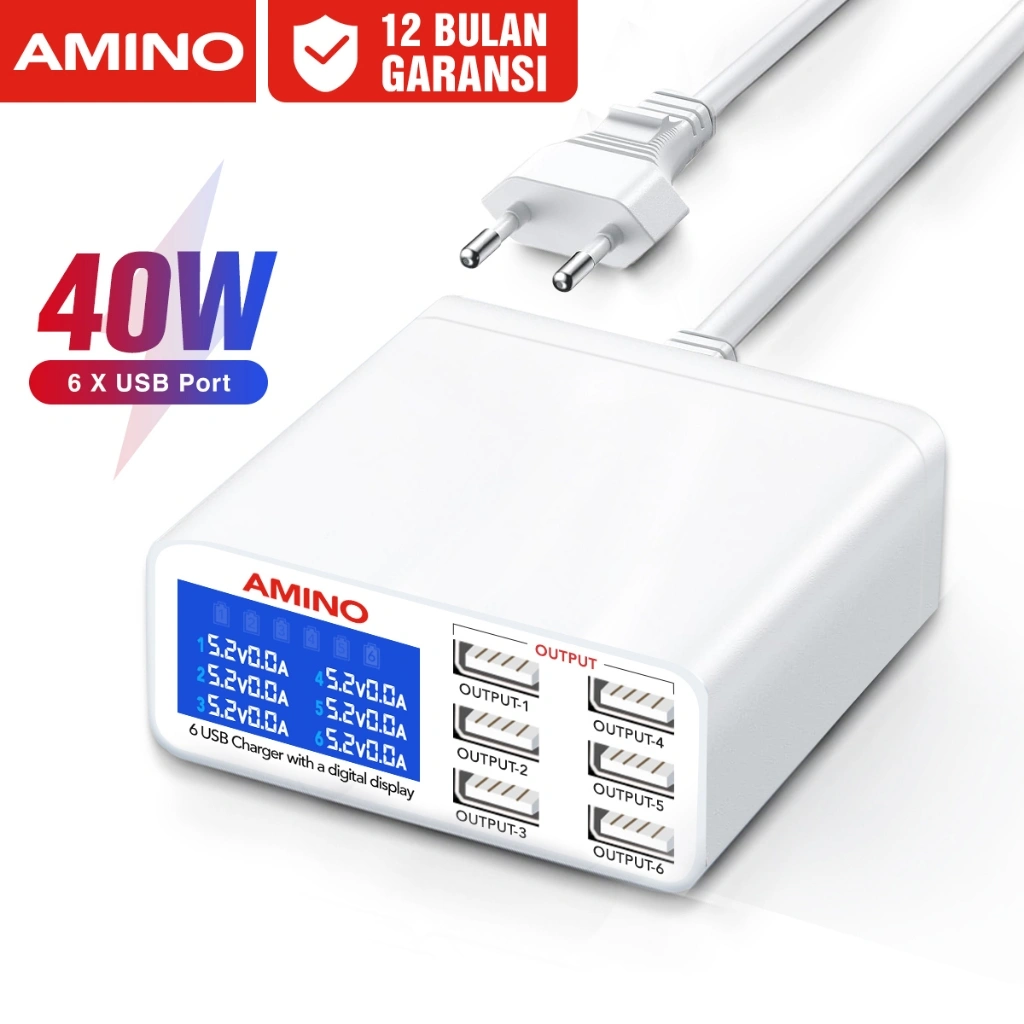AMINO 6 USB Port Multi Port Charger Fast Charger LED Function 40W 87W PD QC Super Fast Charger TYPE-C Kabel