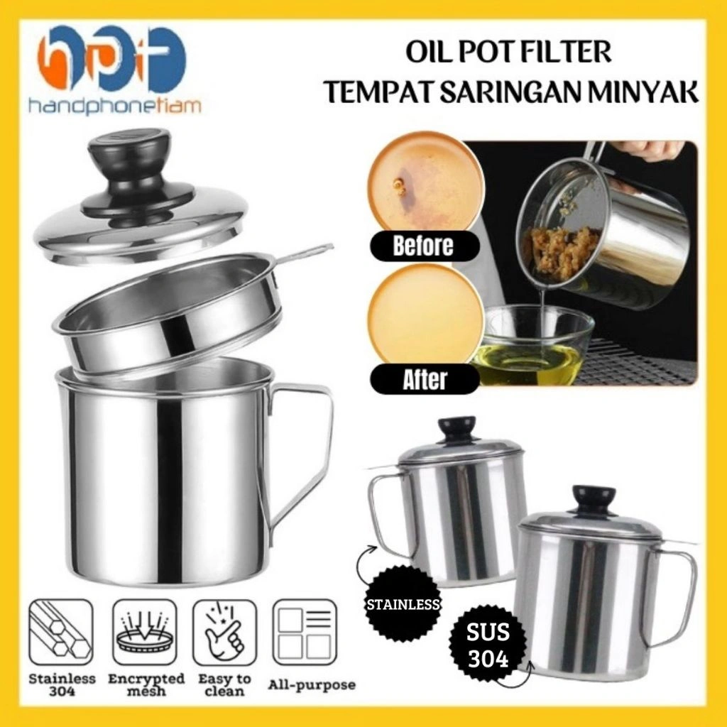 Oil Pot Stainless Steel / Wadah Saringan Minyak / Gelas Penyaring Minyak Jelantah Anti Tumpah HPT