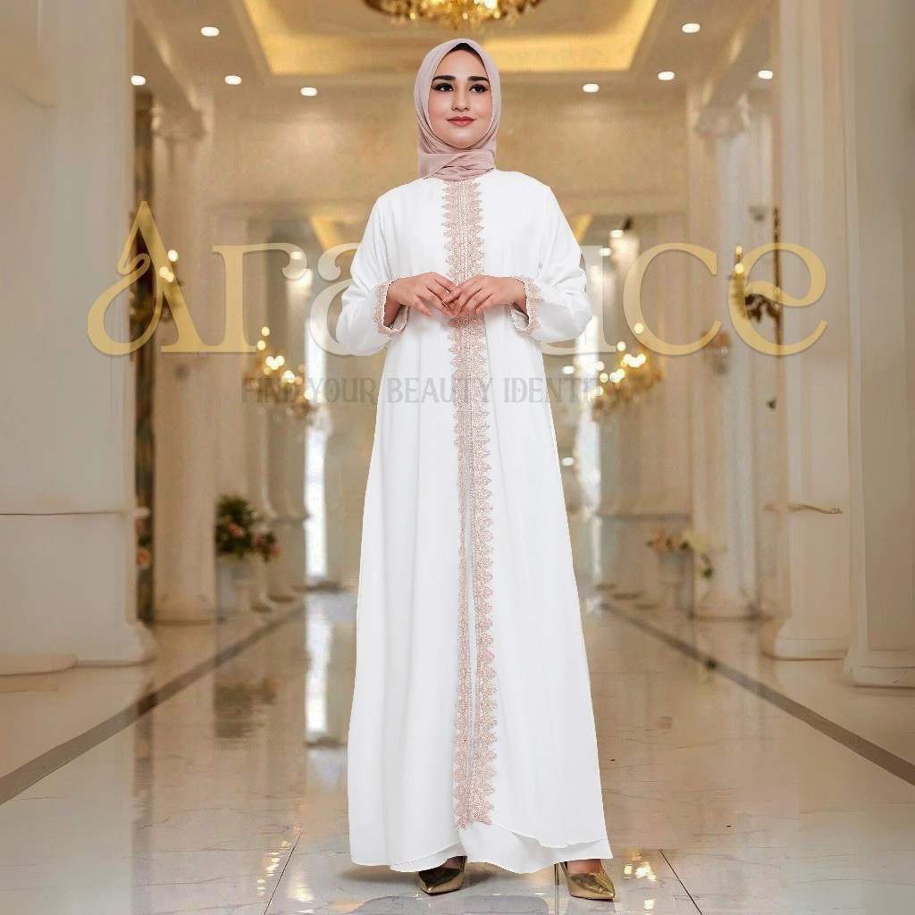Baju Dress Gamis Putih Wanita Muslim Kekinian Terbaru BY ARALLUCE ARL 126 / Abaya Warna Putih Turkey Turki Modern Mewah dan Elegan Bisa Untuk Ibu Ibu & Remaja Premium