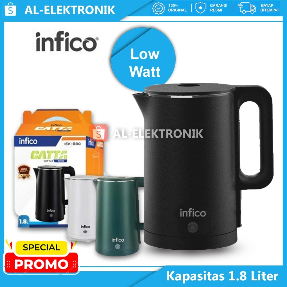 INFICO Teko Kettle Electrik Pemanas Air Otomatis Kapasitas 2 Liter Tutup Stainless Super Cepat Hemat Listrik 400 Watt LOW WATT