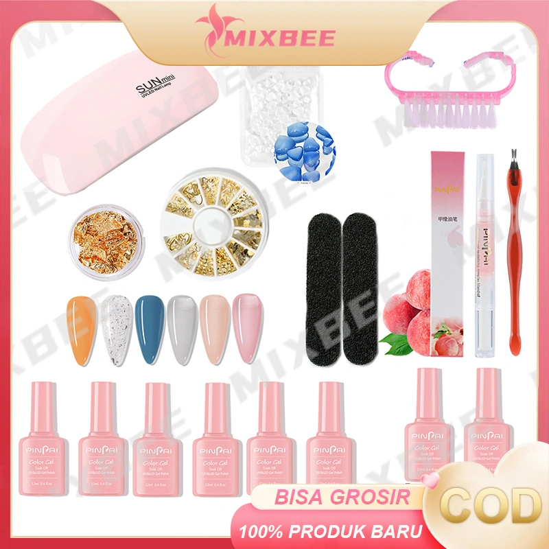 Alat kutek kuku nail art set Kutek Gel Lampu Kuku UV 6 Warna Cat Kuku Gel, Set Peralatan Manikur Seni Kuku, Atasan dan Tidak Mengilap dengan Lapisan Dasar 17Pcs alat set manikur base&top cat kuku