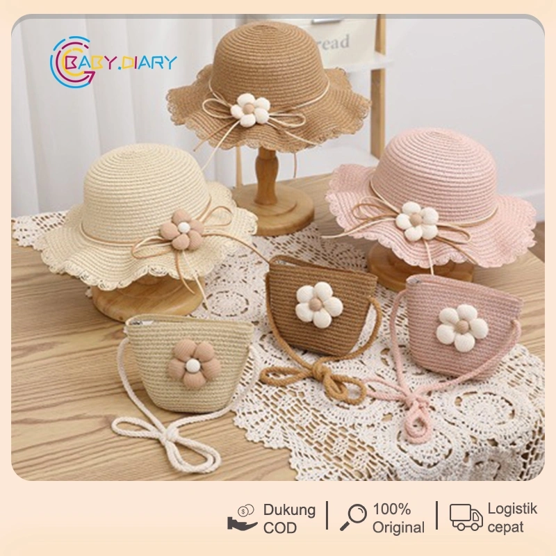 Topi Jerami Anak + Tas 2 Set / Anak Perempuan Topi Matahari Bunga Lucu dan Ransel