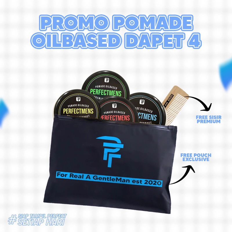 PAKET HEMAT POMADE OILBASED dapat 4pcs ALL VARIAN POMADE OILBASED PERFECTMENS FREE SISIR DAN POUCH KEREN (PMO-04)