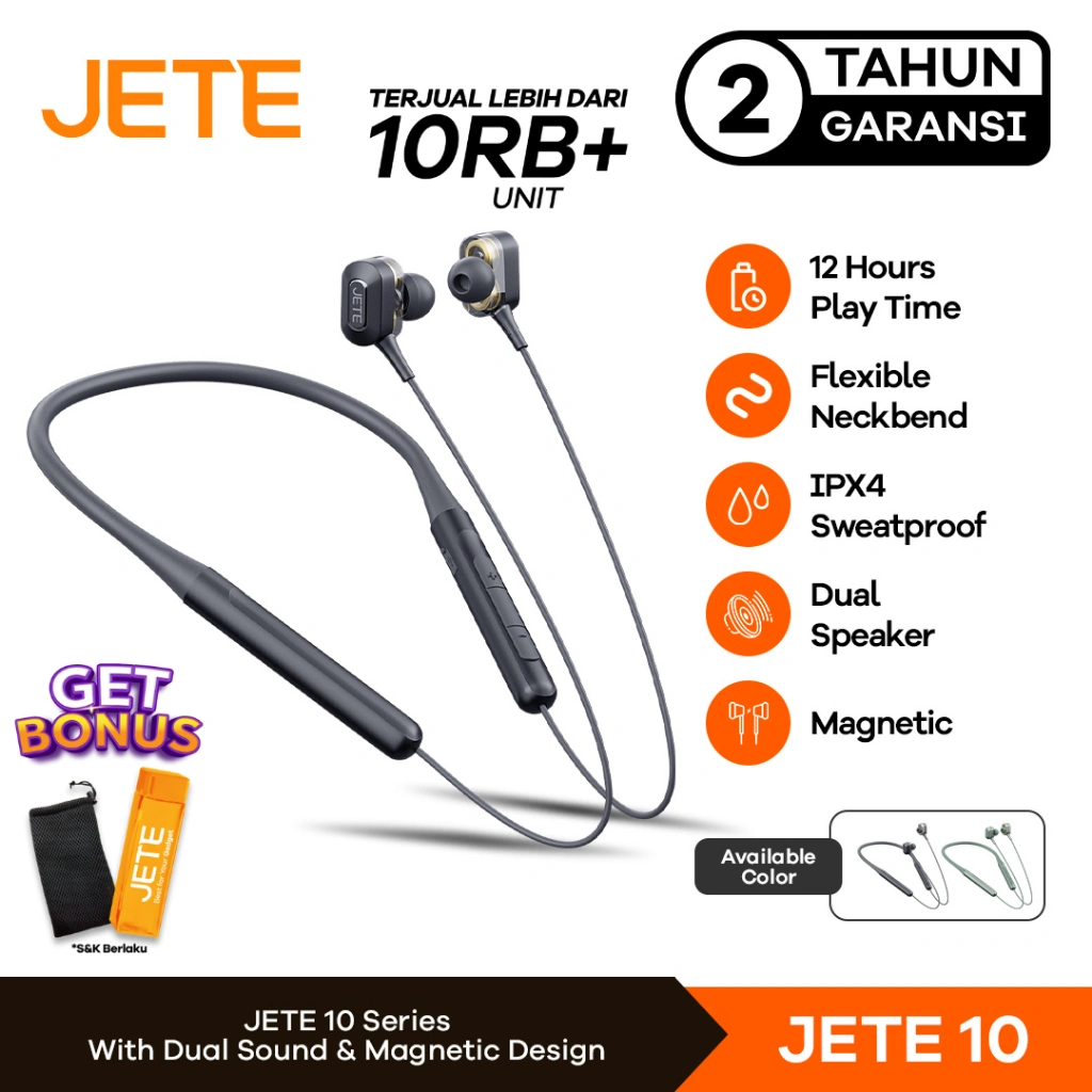 Earphone Sport Bluetooth JETE 10 PRO Neckband Wireless - Garansi 2 Tahun