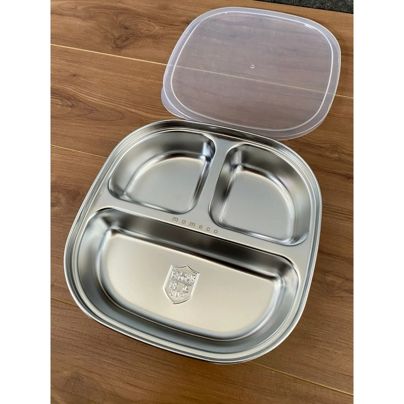 MOMECO Piring stainless steel sekat dengan tutup anti pecah anak /bayi/ balita/toddler blw plate