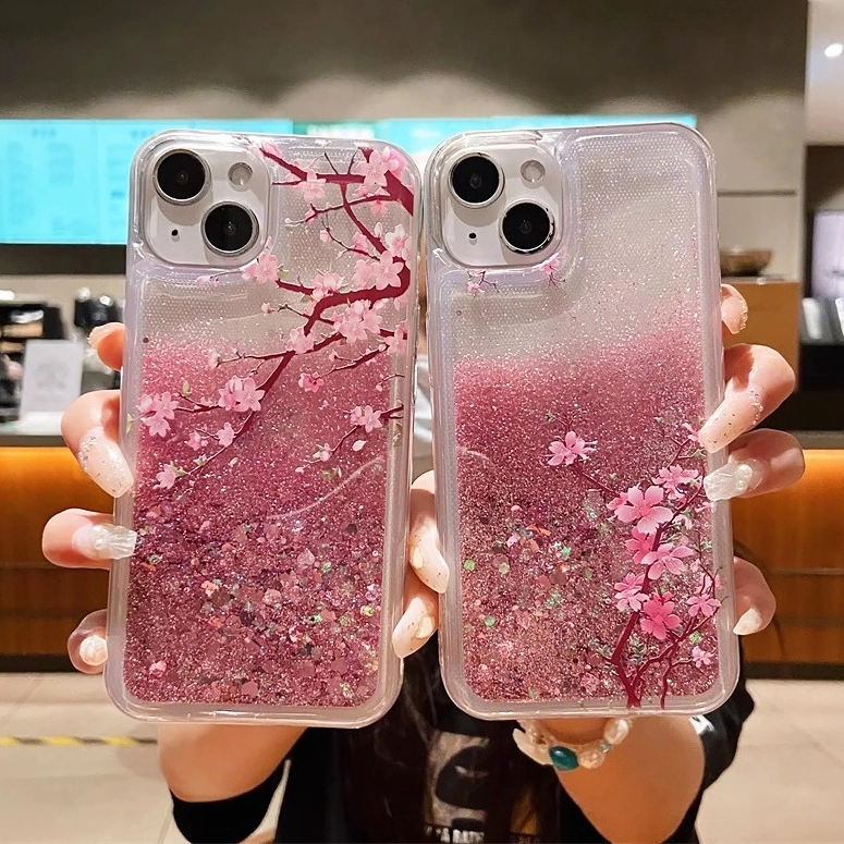 CrashStar Sakura Cherry Blossoms Liquid Quicksand Pink Flower Phone Case For iPhone 17 16 15 14 Pro Max Plus 13 12 11 Pro Max X XR XS Max 8 + 7 Plus Fashion Glitter Sequins Phone Cover Transparent Soft Casing Shell