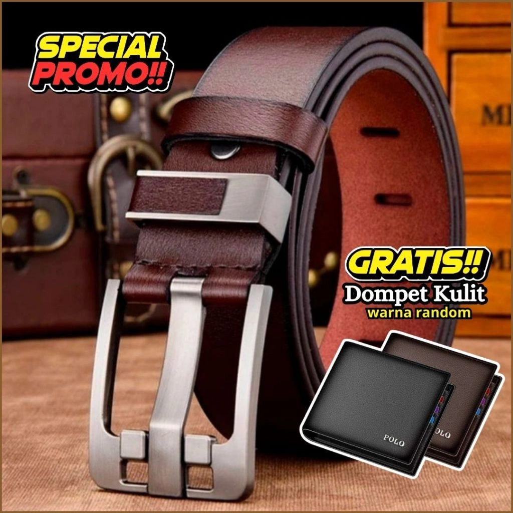 ikat pinggang kulit asli 2 lapisan kulit gesper fashion Korea formal pria GRATIS DOMPET