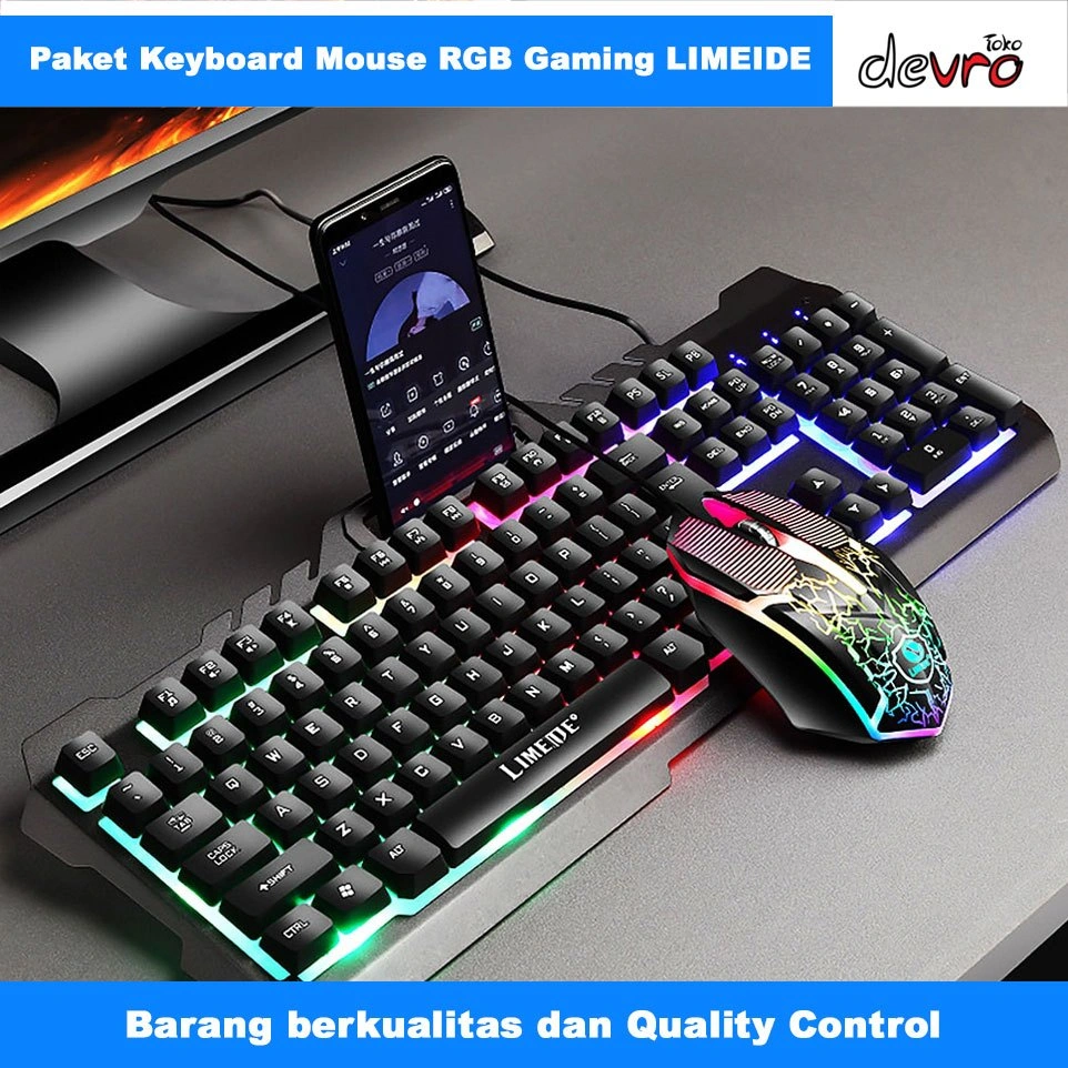 Paket Keyboard Mouse Gaming RGB dgn Holder Smartphone - Combo Keyboard Mouse Gaming RGB - LIMEIDE T21