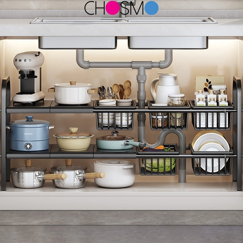 Rak Penyimpanan Dapur Rak Penyimpanan Dapur Rak Serbaguna Dapur Bawah Sinki Stainless Steel yang Dapat Diperluas