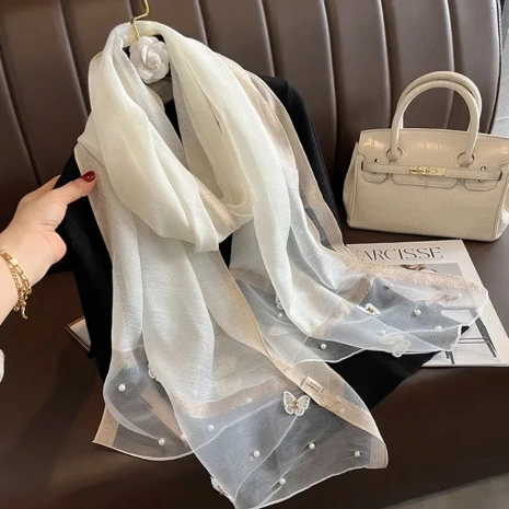 Aksesoris Wanita Pearly Studs Butterfly Embroidery Silk Shawl Syal Sutra Wanita