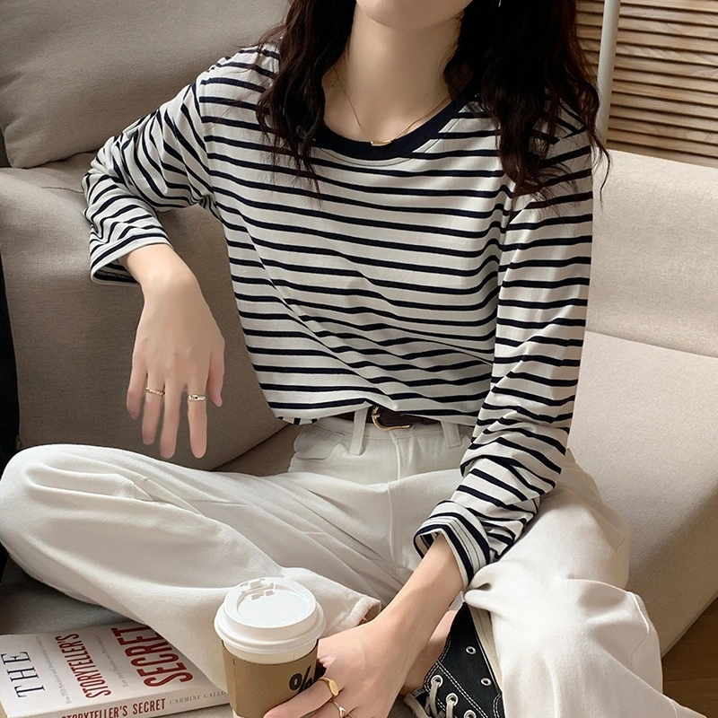 GirlWish Fashion Korean Line Stripes Long Sleeve Round Neck Woman T-Shirt | Atasan Kaos Lengan Panjang Garis Garis Wanita