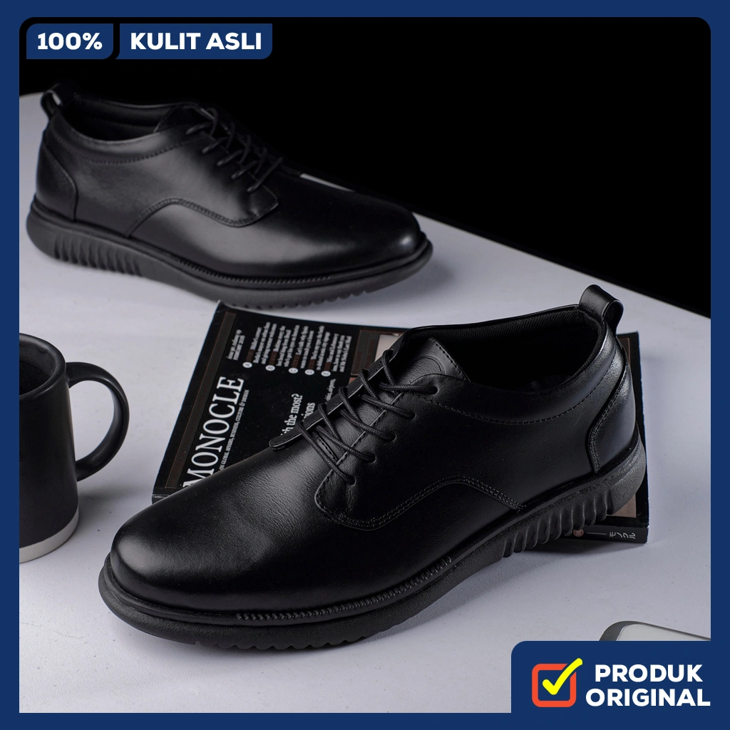 HATTA BLACK ORIGINAL x KENZIOS Sepatu Formal Kulit Sapi Asli Pantofel Tali Full Hitam Pria Kerja Kantor Resmi Kantoran Wisuda Kuliah Pesta Wedding Kondangan Nikah Casual Derby Genuine Leather Oxford Kenzio Footwear Big Size Ukuran Jumbo 44 Keren Terbaru
