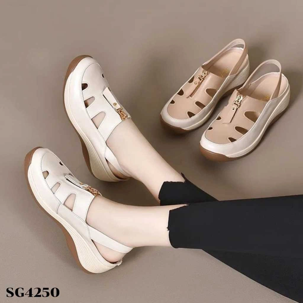WYN Sandal Retro Tinggi 5cm Bahan Sintetis Sepatu Trendy Fashion Wanita Beige Khaki 36-40 Korea SG4250