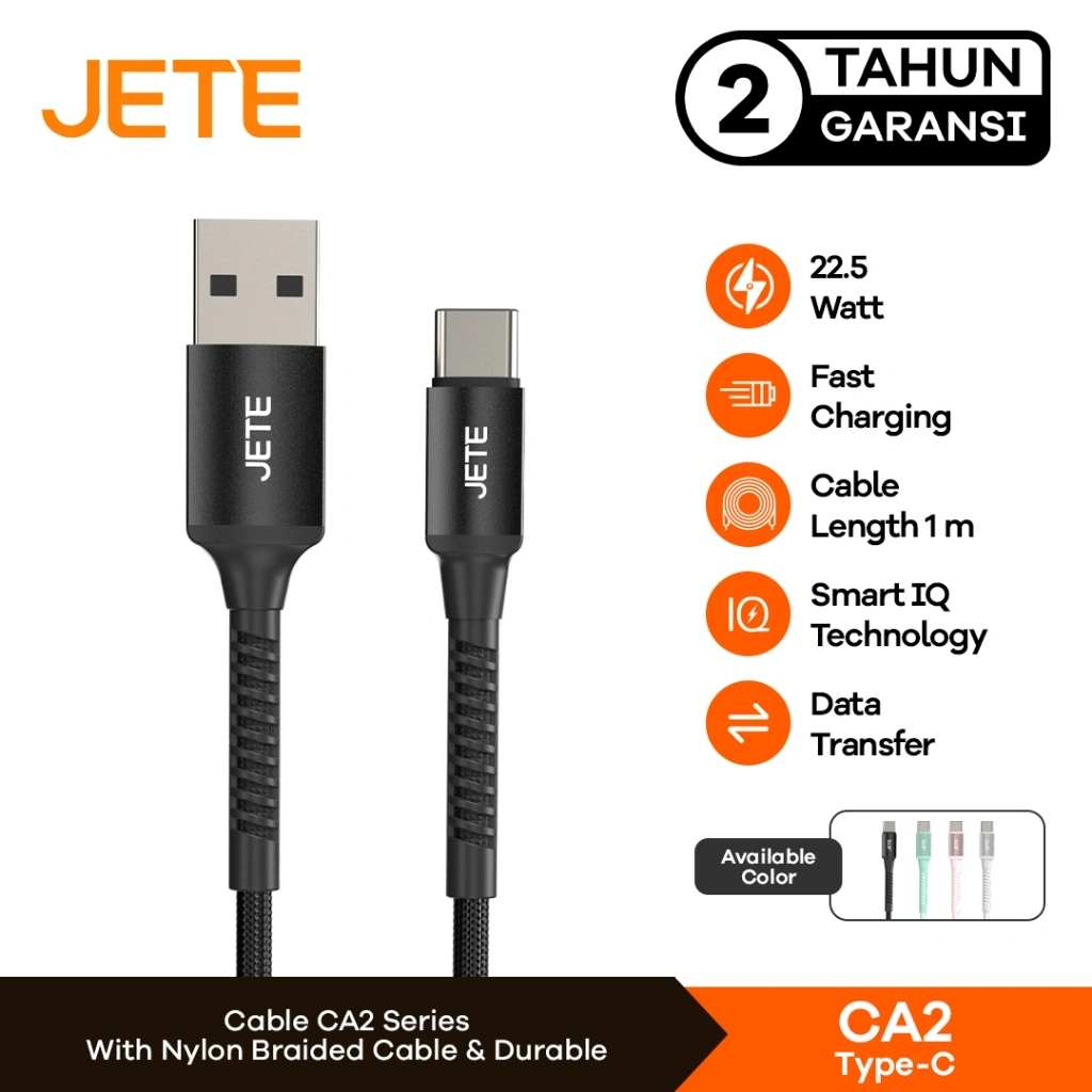 JETE Kabel Data CA2 USB To Type C 22,5W Fast Charging Cable Handphone Quick Charger Nylon Braided