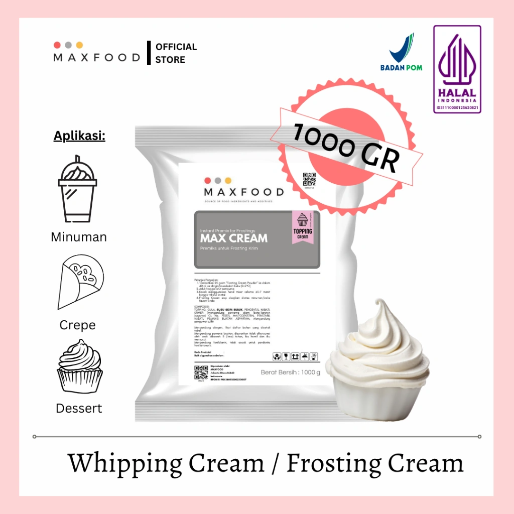 MAXFOOD - Whipping Cream Plain / Bubuk Topping Whipping Cream Rasa Plain 1Kg