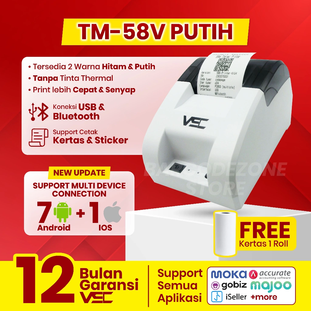 PRINTER THERMAL 58MM BLUETOOTH VSC TM-58V RPP02N MOKA ANDROID IOS -PUTIH WHITE