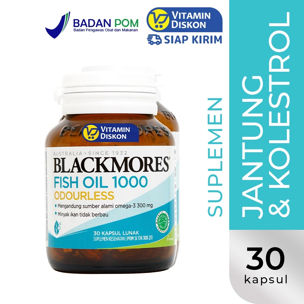 Blackmores Odourless Fish Oil 1000 BPOM Kalbe 30 Caps | Suplemen Omega 3 Memelihara Kesehatan Jantung