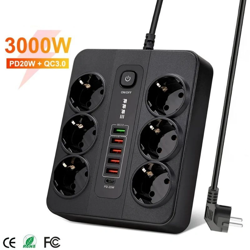 3000W Power Strip Surge Protector With 6 EU Plug and 6 USB QC3.0 Type C PD20W Fast Charge Smart Home USB Socket for Home Office PD 20 WATT fast charging