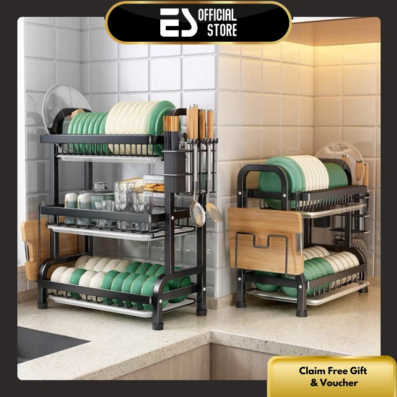 ES Rak Piring Dapur Stainless Steel Penyimpanan Rak Pengering Piring Rak Piring dan Mangkuk