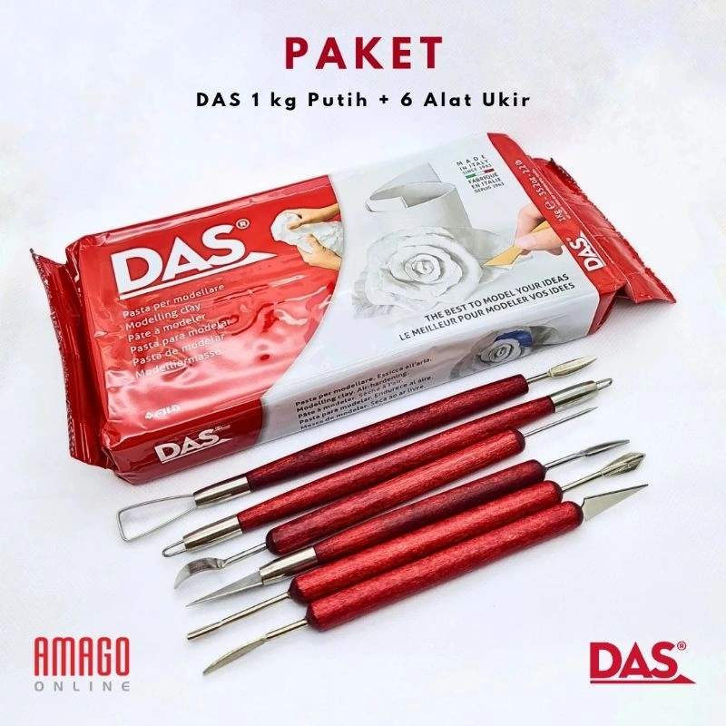 Paket Murah - 1 DAS Modelling Clay 1 kg Putih + 1 set Alat Ukir Clay Gagang Kayu isi 6 alat