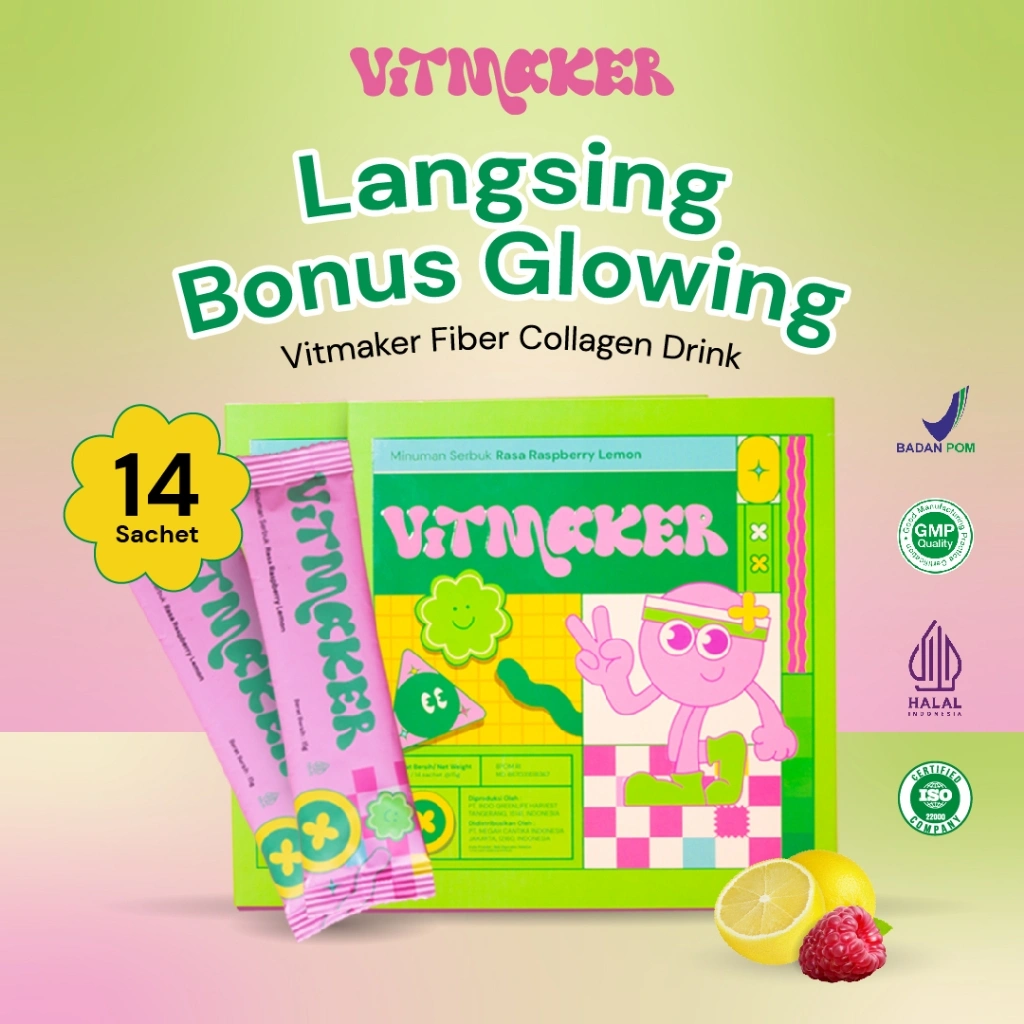 Vitmaker Fiber Collagen Drink (Minuman Serbuk Rasa Raspberry Lemon) (TIDAK FREE SHAKER)