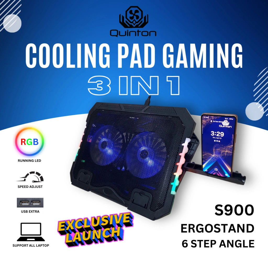Quinton S900 kipas laptop gaming cooling pad 2 fan 14cm led RGB Running 3 in 1 untuk semua laptop