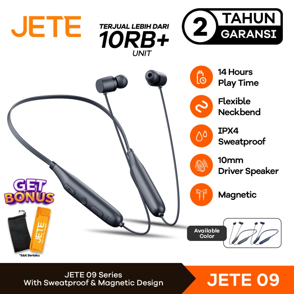 Earphone Sport Bluetooth JETE 09 Neckband Wireless - Garansi 2 Tahun