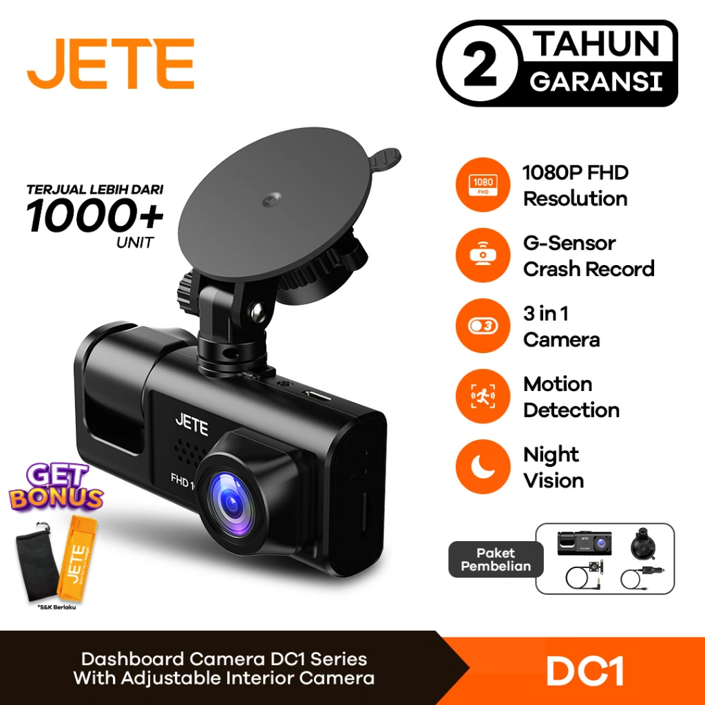 JETE DC1 Dashcam Mobil 1080p 3 Camera Full HD Night Vision G-Sensor 24 Hours Stanby Parking Loop Car Front Rear Recording
