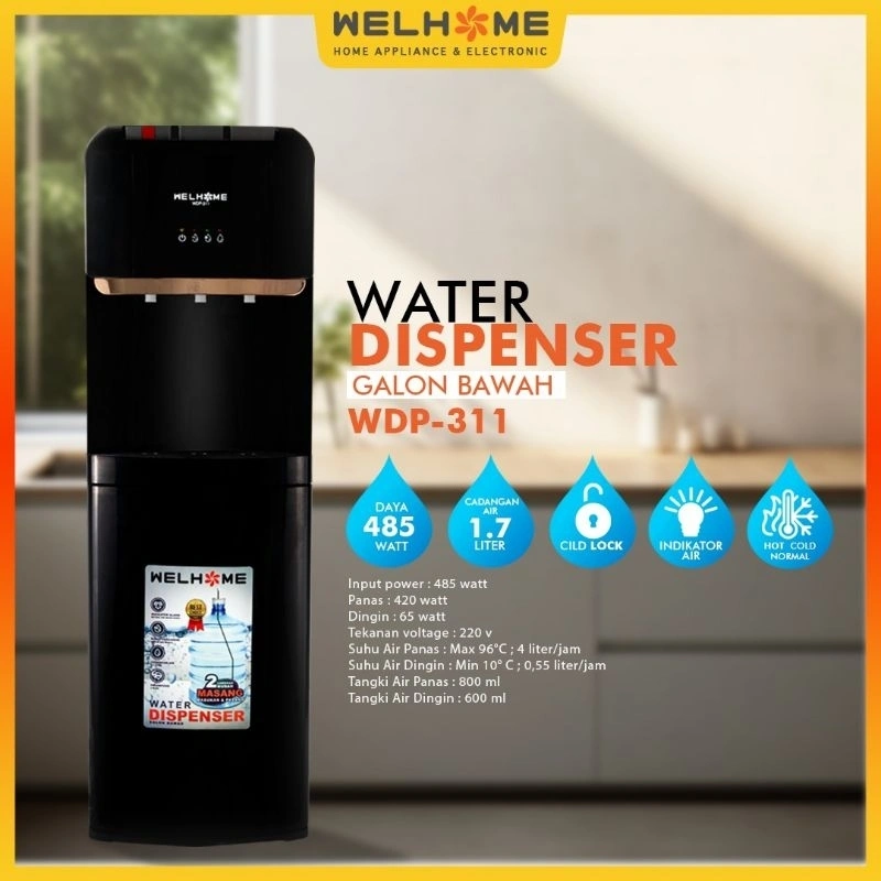 WELHOME Dispenser Galon Bawah 3 Kran WDP 311 Panas Normal Dingin (Hot, Normal, Cold) Warna Hitam