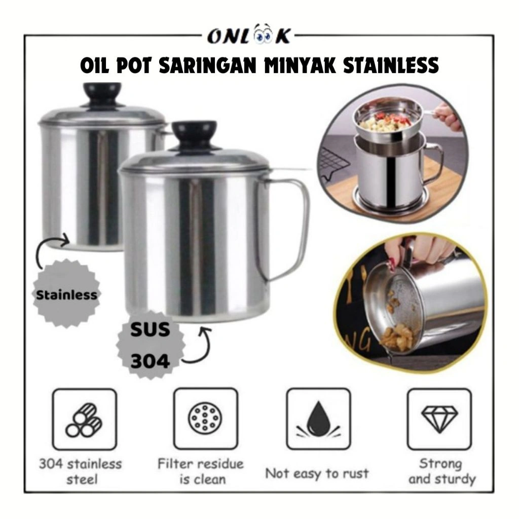 OL Wadah Saringan Minyak Stainless 1L /Oil Pot With Strainer Gelas Penyaring Minyak Sisa Anti Tumpah