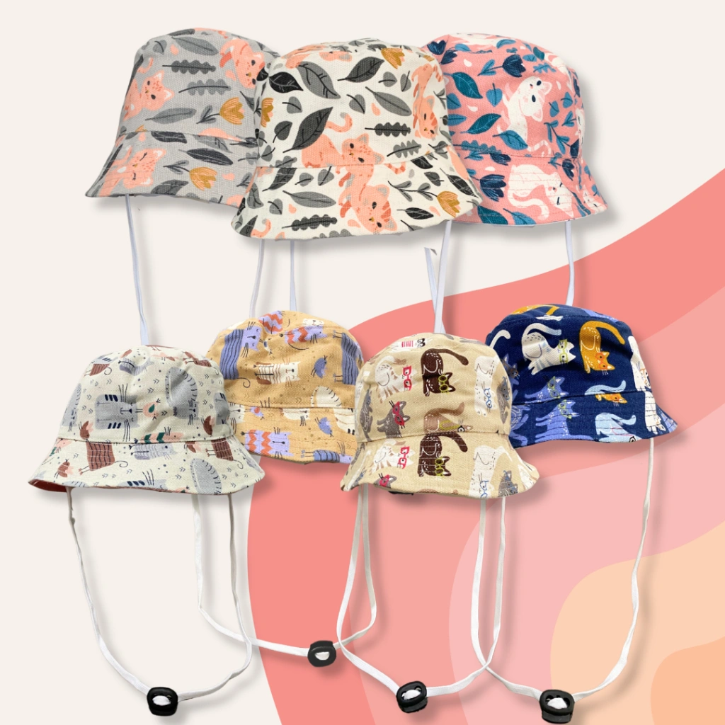 Bucket Hat Anak Balita Usia 6 Bulan - 7 Tahun Motif Lucu Kucing Daun Bahan Kanvas Premium Pake Tali