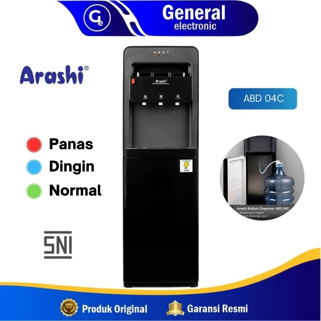 Dispenser Arashi Galon Bawah Digital ABD 04 Hitam - Fitur Panas Dingin Normal - 3 Kran