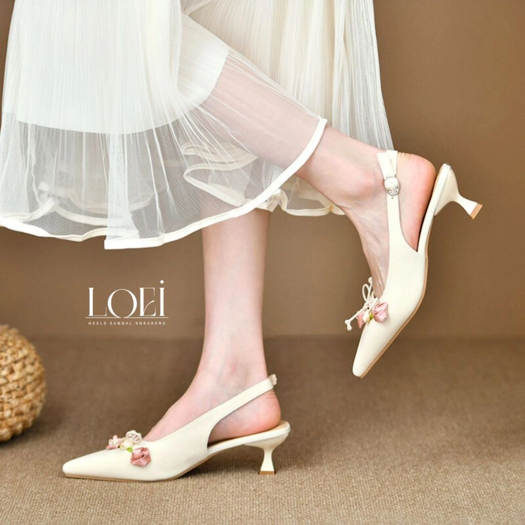 LOEI Levina Heels Floral Vintage Wanita Sepatu Hak Slingback Elegant motif Bunga Pita 1006