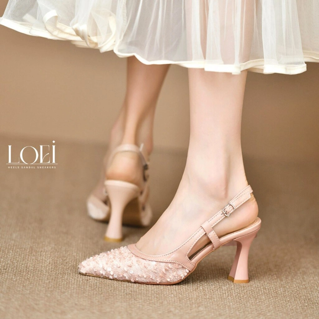LOEI Yoora Heels Wanita Elegan Sepatu Hak Tinggi Slingback Sequin Korean Looks 3822