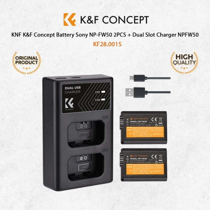 K&F Concept Battery Sony NP-FW50 2PCS + Dual Slot Charger NPFW50 - Charger Battery Camera - Camera