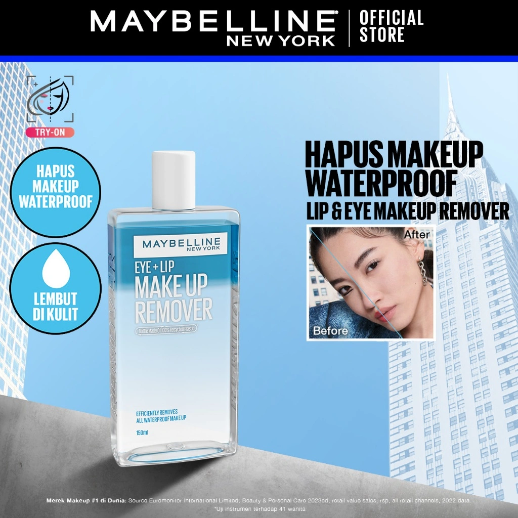 MAYBELLINE OFFICIAL Lip & Eye Makeup Remover - 70/150 ml | Mudah Hapus Make Up Waterproof Cocok Untuk Mata Sensitif Lembut di Kulit | 150ml