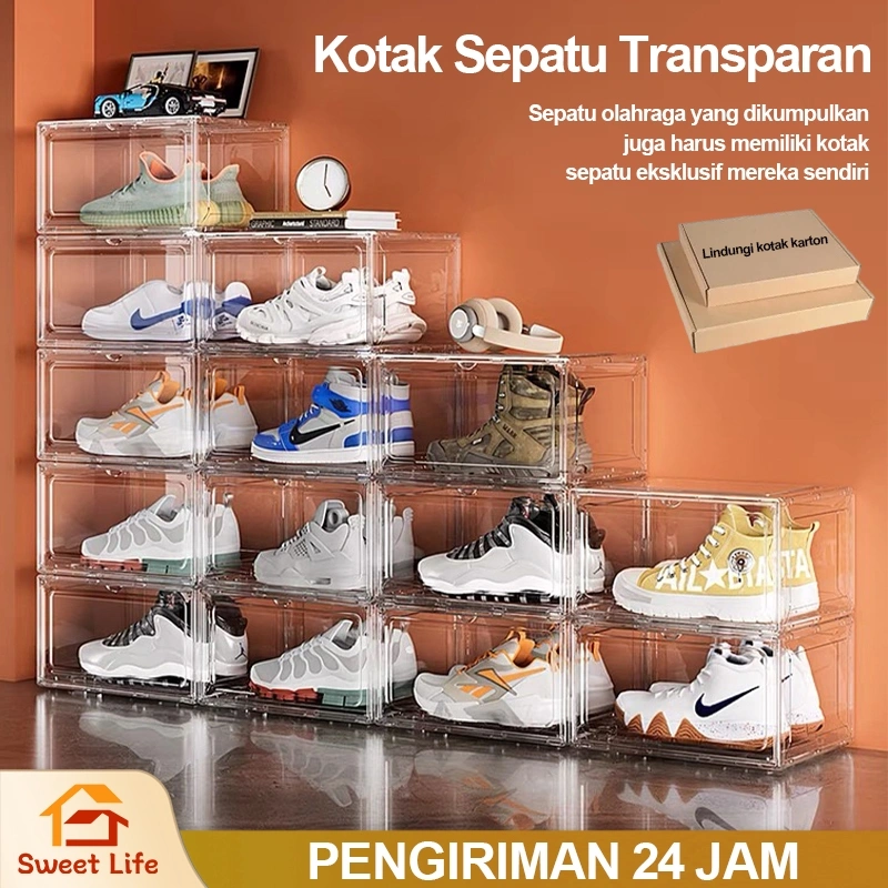 Kotak Sepatu Akrilik Rak Sepatu Magnetik Yang Dapat Ditumpuk Organizer Penyimpanan Transparan