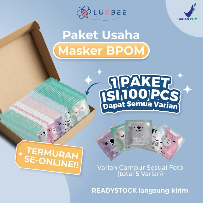 PAKET USAHA 100 PCS MASKER WAJAH MIX 5VARIAN BPOM TERMURAH MERK LUXBEE