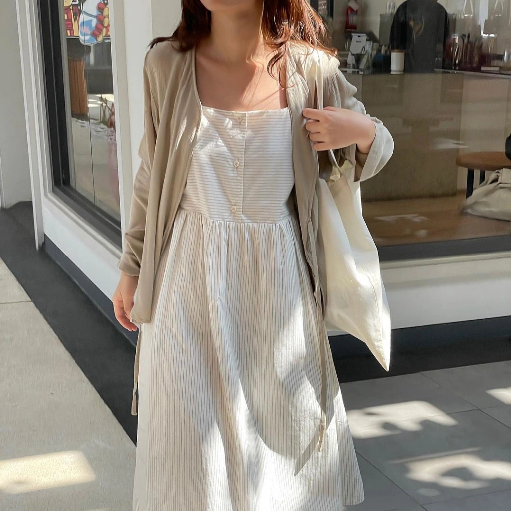 InKano Linen Dress - Sleeveless dress linen, midi dress wanita warna offwhite stripes dan navy