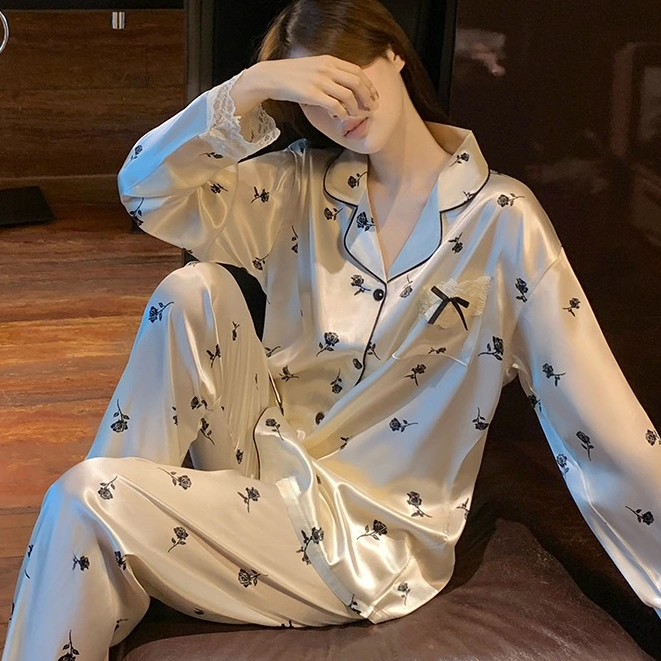 2025 Piyama Sense Premium Baru Wanita Piyama Wanita Renda Mawar Hitam Lengan Panjang Celana Panjang Loungewear