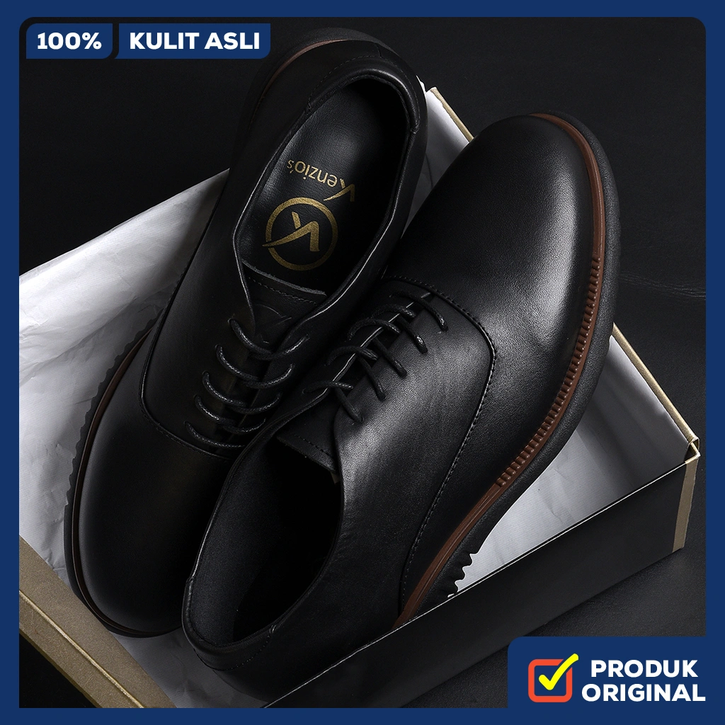 LONDON 2.0 BLACK ORIGINAL x KENZIOS Sepatu Formal Kulit Sapi Asli Pantofel Tali Hitam Pria Kerja Kantor Resmi Kantoran Wisuda Kuliah Pesta Wedding Kondangan Nikah Casual Derby Genuine Leather Oxford Kenzio Footwear Big Size Ukuran Jumbo 44 Keren Terbaru
