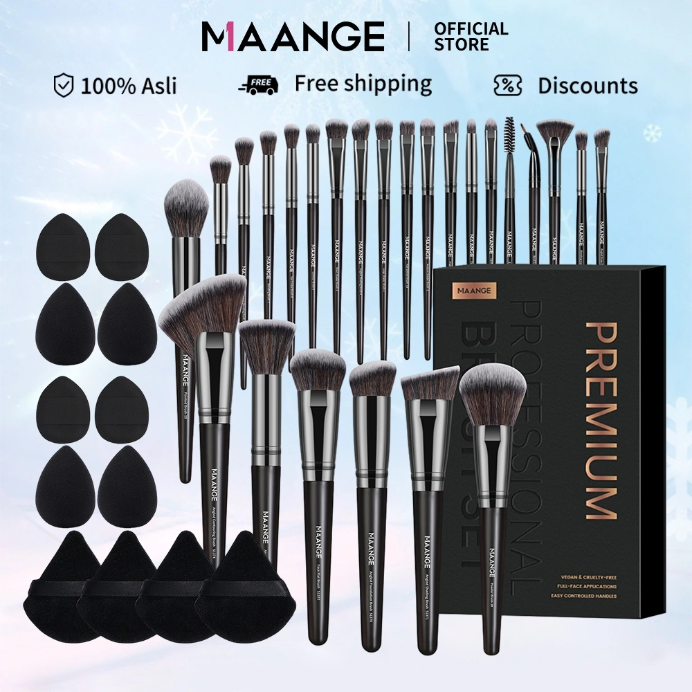 MAANGE 25 Buah Set Kuas Rias dengan Kotak Penyimpanan + 4 Tetes Air + 4 Segitiga + 4 Jari Set Lengkap Alat Rias 51407+51533