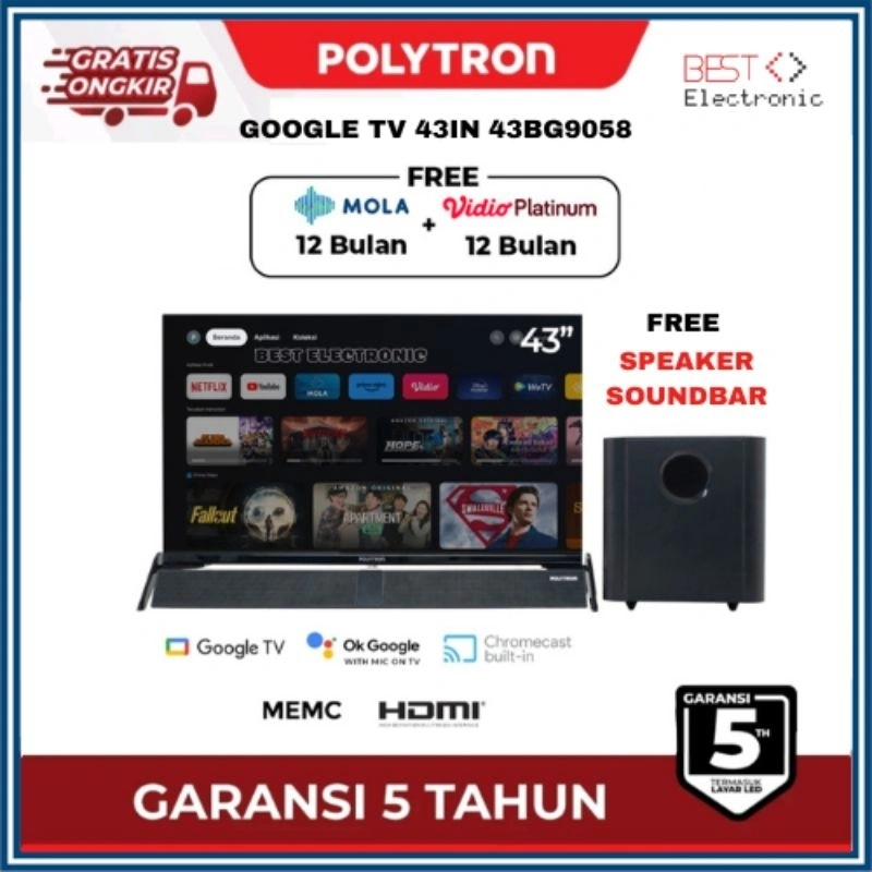 Smart Google Soundbar TV POLYTRON Digital Mola LED TV 43 inch PLD 43BG9058 / 43BAG5959 / 43BAG9953 + SOUNDBAR