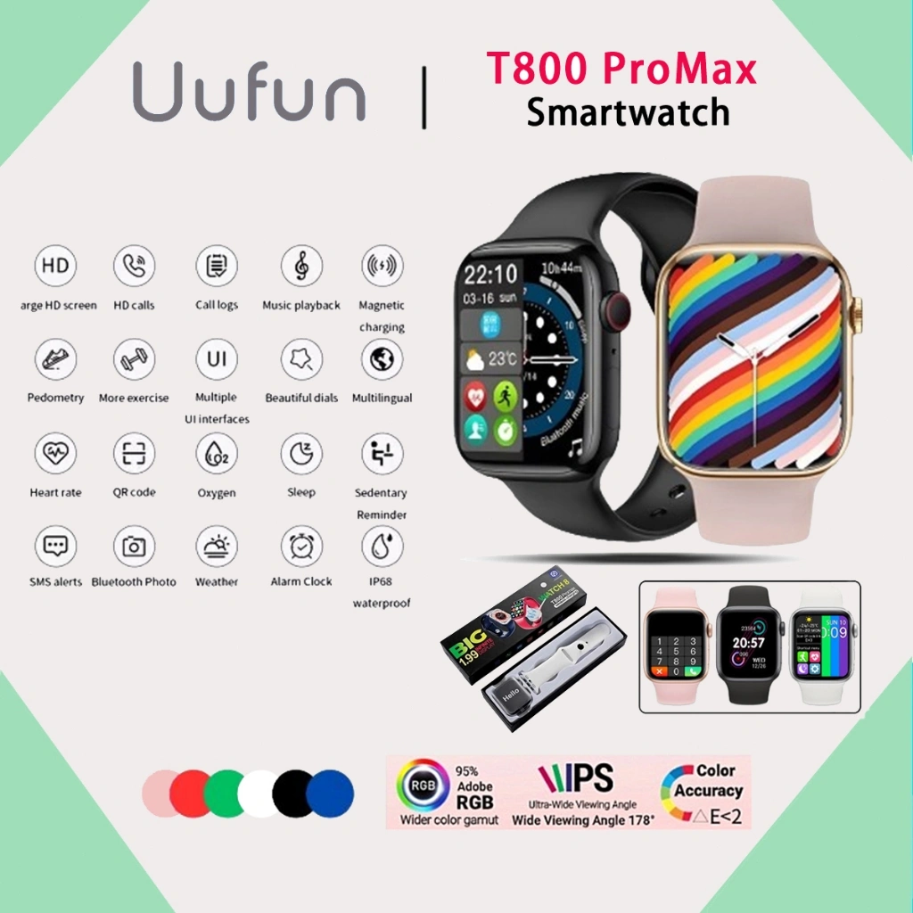 UUFUN Smart Watch T800 Pro Max 1.99 Inch Screen Full Touch HD Bluetooth Jam Pintar Bisa Phone Call IP68 Waterproof Heart Rate Monitor Smart Watch