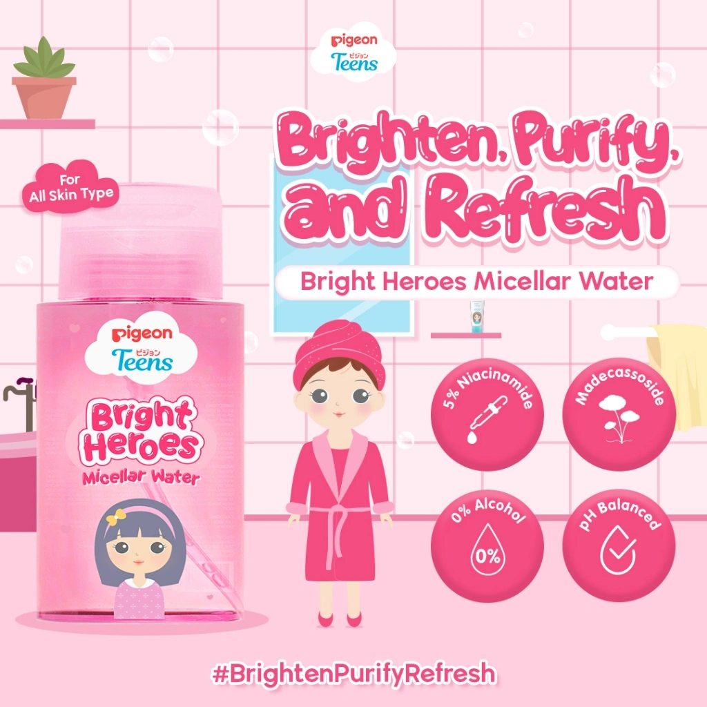 PIGEON TEENS BRIGHT HEROES MICELLAR WATER 100 ML| Micellar Water Pembersih Wajah Double Cleansing|Skincare Infused| Makeup Remover| Semua Jenis Kulit| Niacinamide 5%