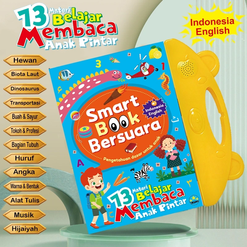 Smart Book Bersuara Indonesia English / Lengkap dengan 13 Materi Belajar + 20 Lagu Anak / mainan buku edukasi pengenalan kosa kata Bahasa / Bisa menggambar di papan tulis mini yang di belakang buku + Free Spidol
