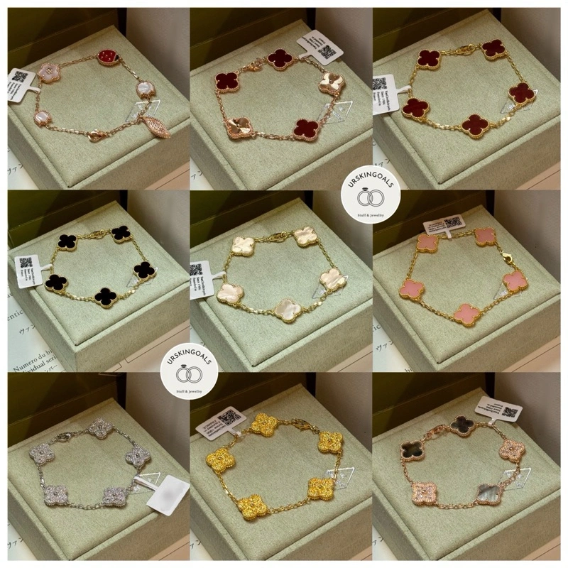 BRACELET VAN CLEF & ARPEL VC A 5 VINTAGE ALHAMBRA VC CLOVER DAUN FLOWER PEARL PLATED GOLD EMAS S925 SILVER GELANG NECKLACE KALUNG CUFF BANGLE