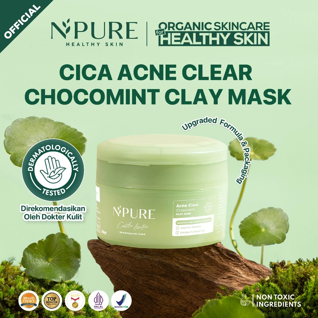 NPURE Cica (Centella) Acne Clear Chocomint Clay Mask 50 gr / Masker Anti Jerawat Komedo / Masker Kulit Berminyak / Mencerahkan / Menyamarkan Pori-pori / No Alcohol / Oil Control / Kulit Halus / Real Chocolate / Dermatologically Tested / Aman Bumil Busui /