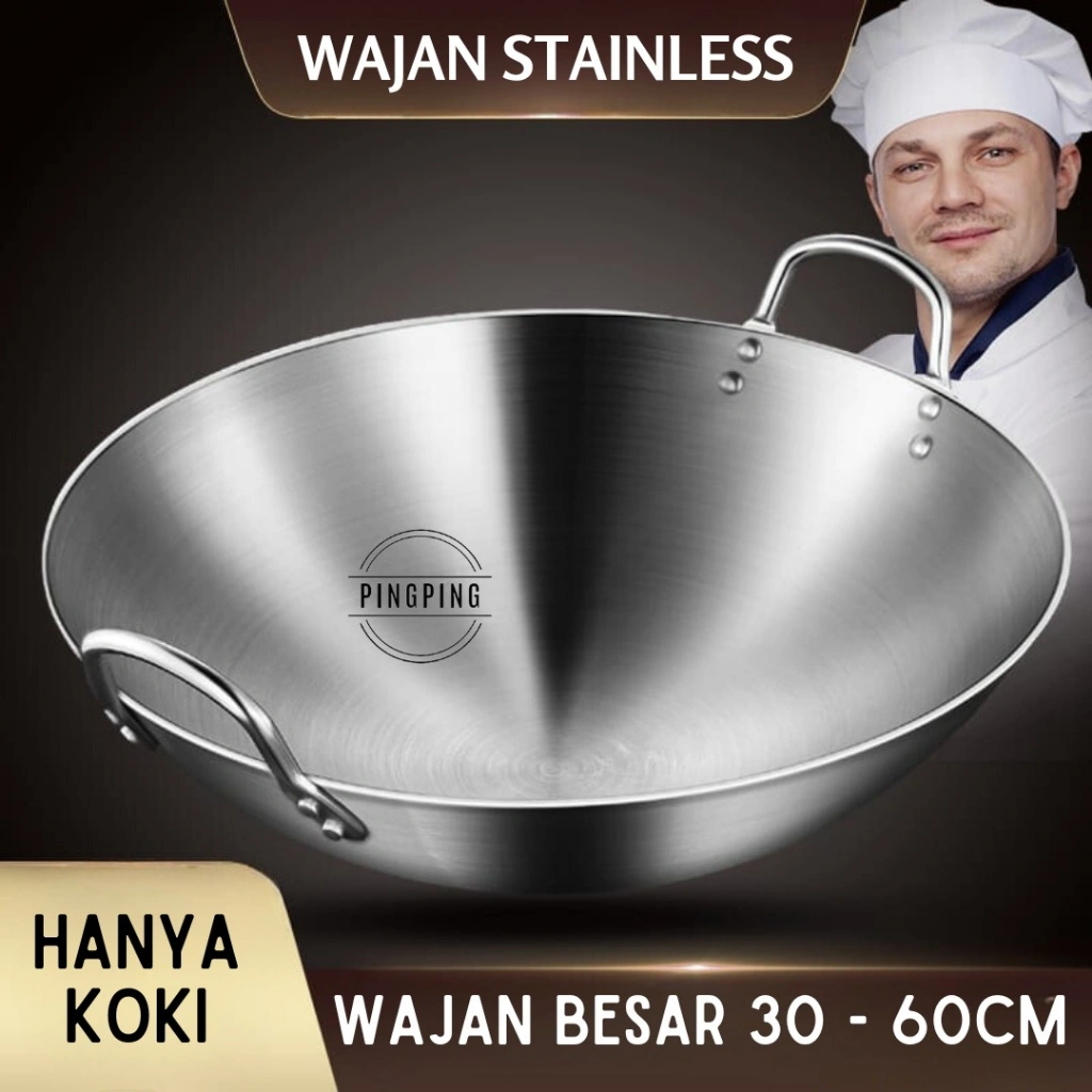 Wajan Penggorengan Tebal Full Stainless Steel ukuran 30cm - 60cm SUS 304/wajan cekung/wajan stainless anti lengket/kuali stainless tebal asli SUS 304/wajan penggorengan anti lengket/kenceng penggorengan/wajan penggorengan jumbo/kuali penggorengan