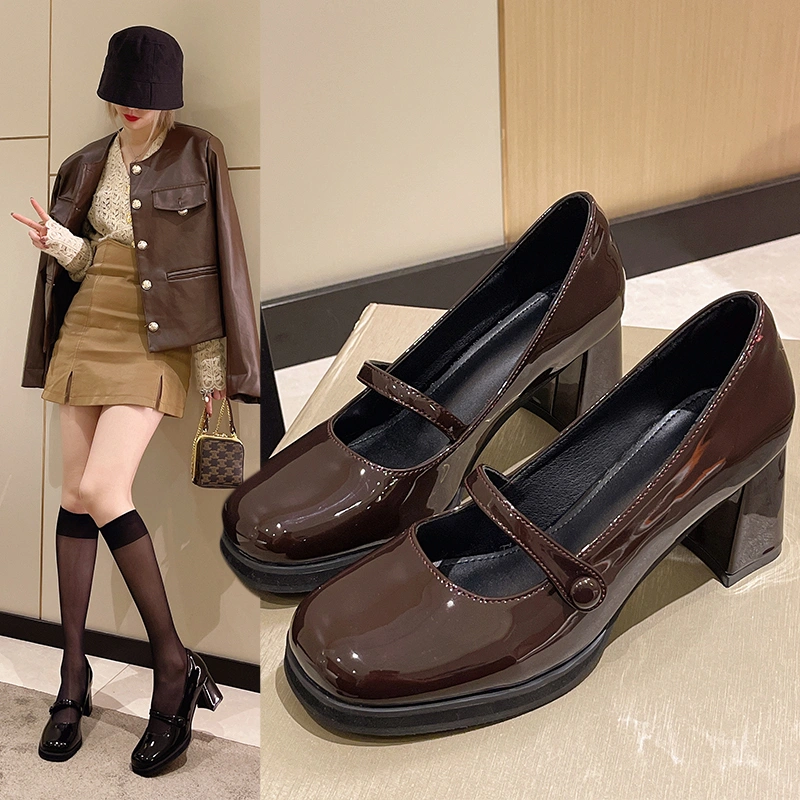 Sepatu Hak Tahu Tinggi 7cm High Chunky Heels Wanita Perempuan Import Cokelat Hitam Polos Kerja Kantor Terbaru Pesta Kekinian Premium Murah Gaya Korea Kulit Paten Formal Platform Mary Jane Shoes - Ukuran 35 36 37 38 39 40